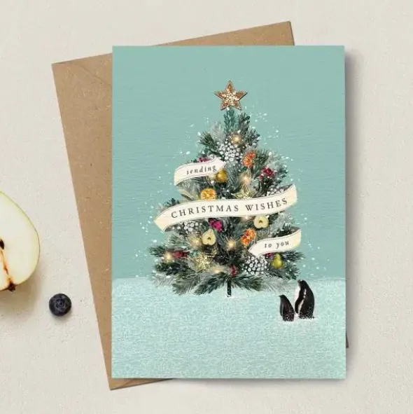 Joulukortti 2-osainen Christmas Tree Penguins